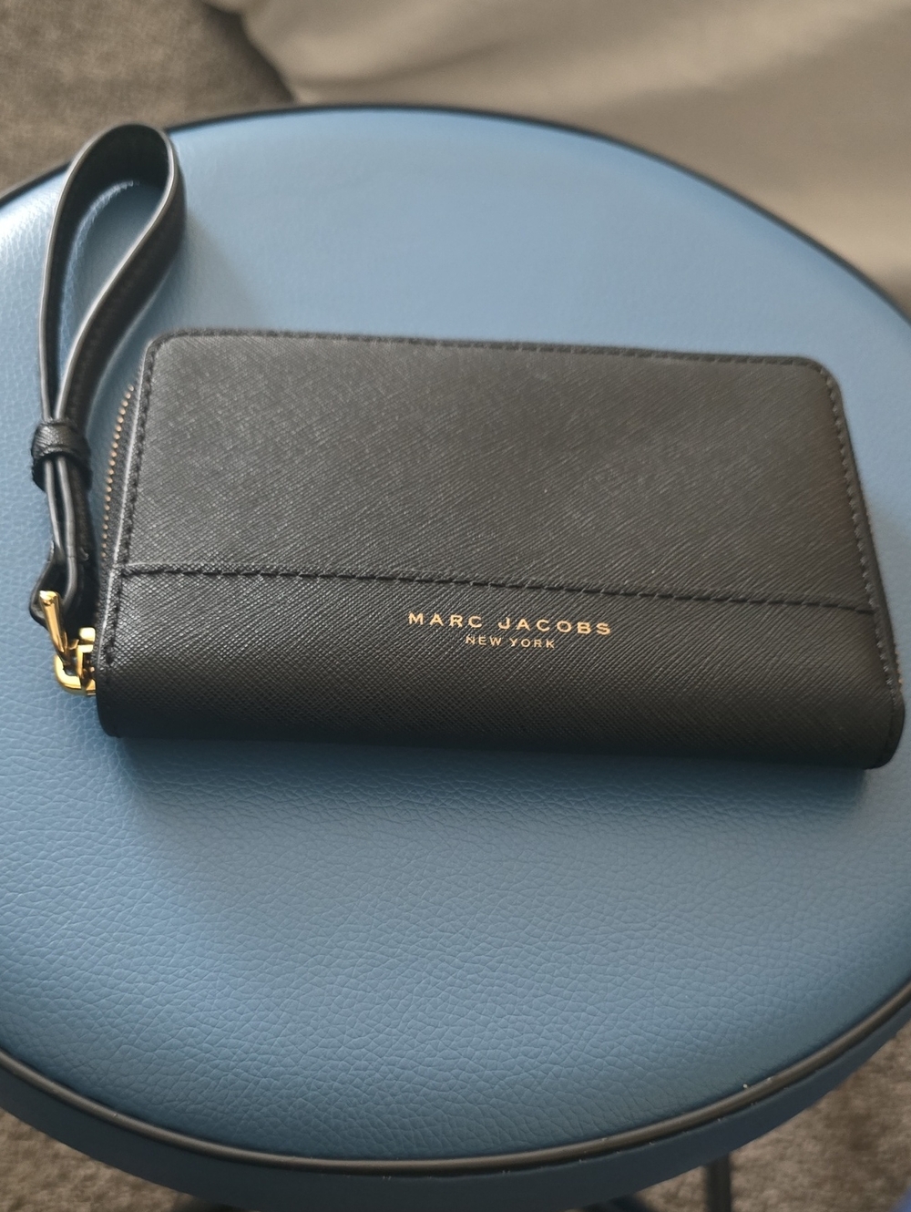 Marc Jacobs Black Saffiano Leather Wrist Wallet with Gold Logo